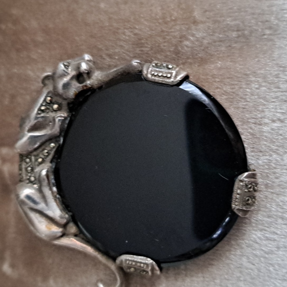 Vintage Sterling  Onyx And Marcacite Leopard Pin